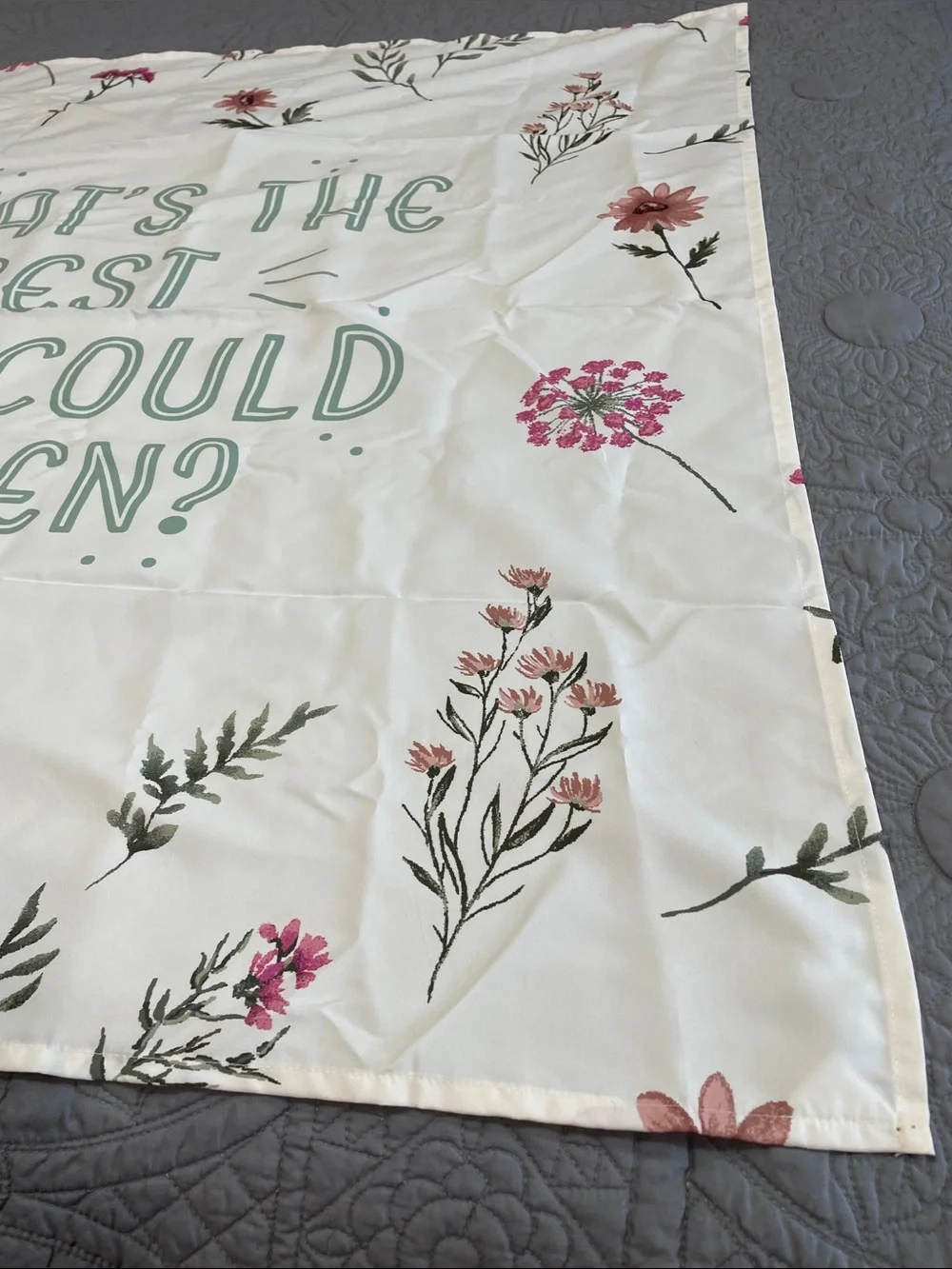 Forever 21 cream tapestry with Pink Floral and Green Lettering